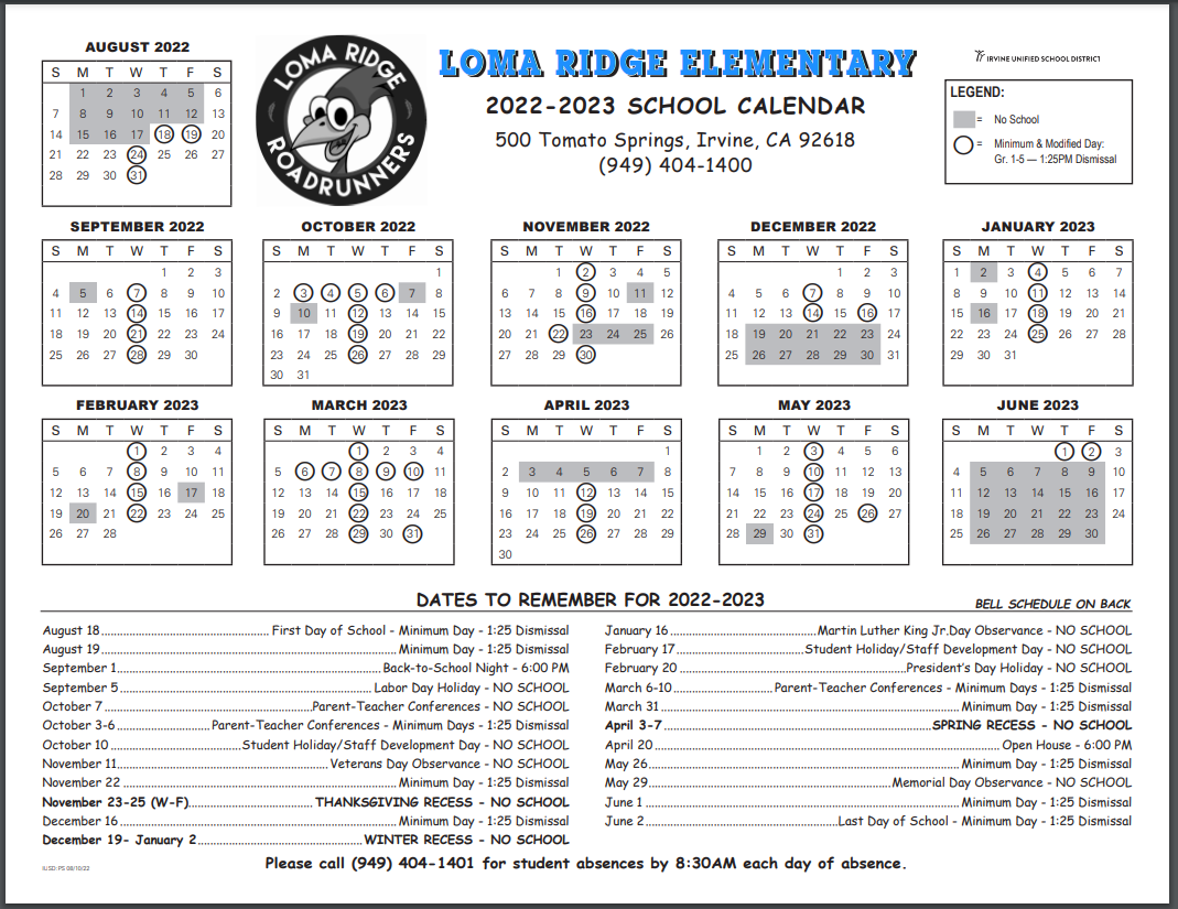 Calendar & Events Loma Ridge Elementary